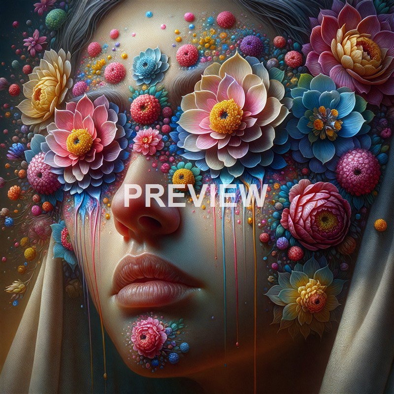 A surreal digital artwork of a woman's face adorned with large, colorful flowers and dripping paint, creating a dreamlike and abstract visual.